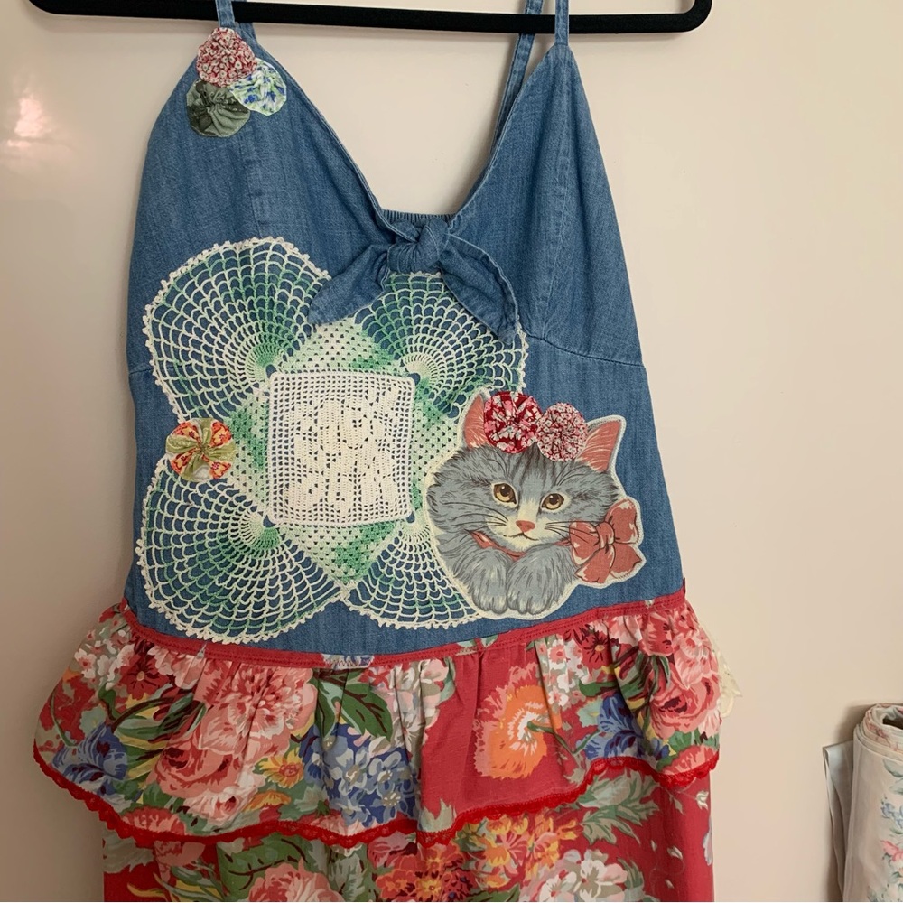 UPCYCLED Sweet Kitty Denim Floral Peplum Dress